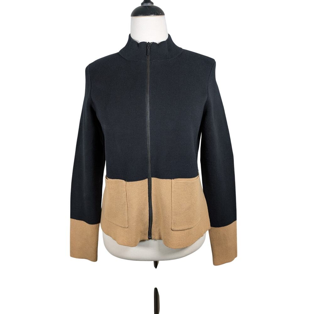 New Chico's Size 1 (Medium) 100% Cotton Black & Tan Zip Front Cardigan Sweater